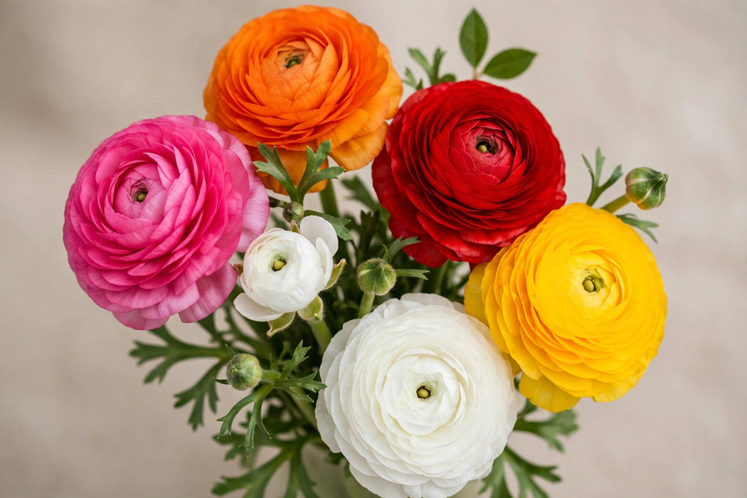 Ranunculus Flower Collection - Ranunculus Assorted 30 Hot Pink + 30 Orange + 10 Red + 20 White + 30 Yellow 50-60CM (120 STEMS / BX)