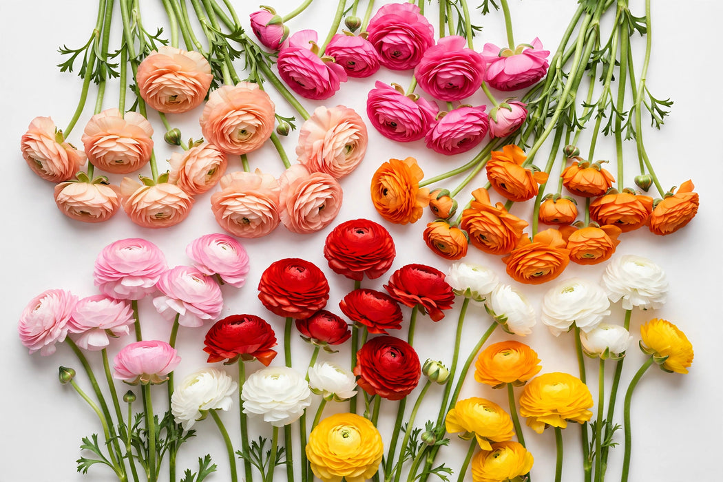 The Ranunculus Collection - Ranunculus Assorted 10 Peach 20 Hot Pink 10 Light Pink 20 Orange 20 Red 10 White 10 Yellow 40-50CM (100 STEMS / BX)