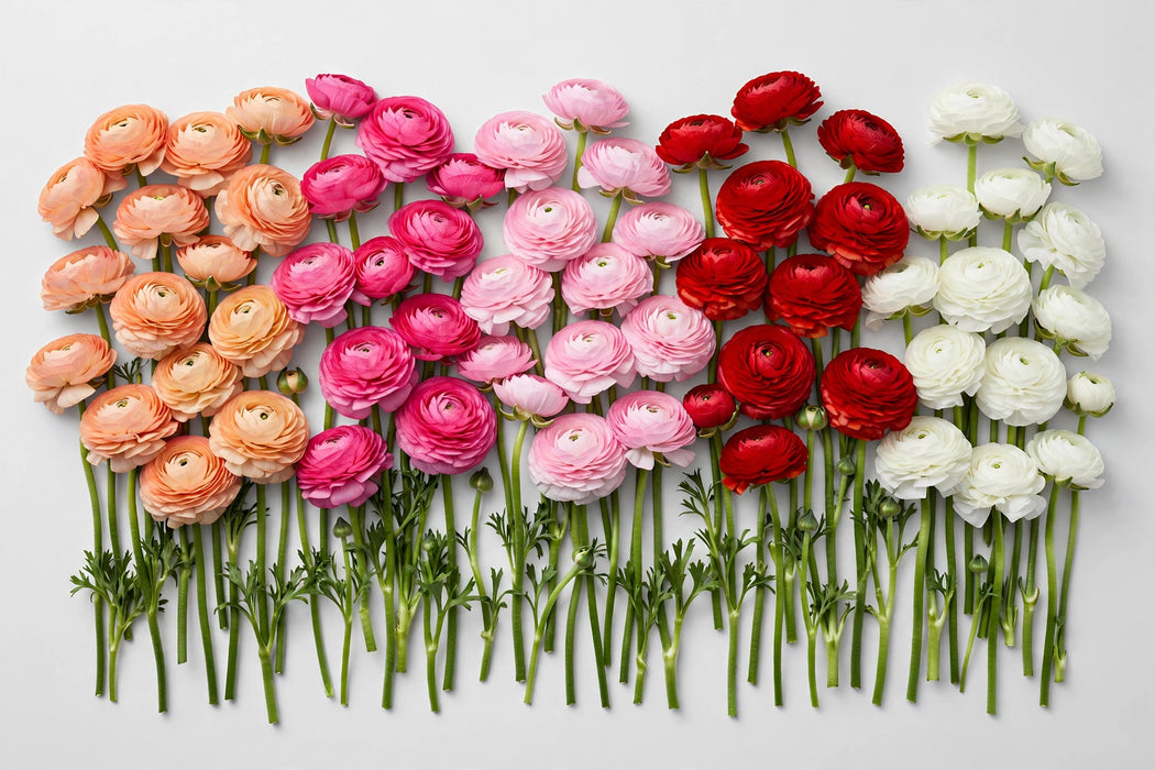 The Ranunculus Collection - Ranunculus Assorted 30 Peach + 10 Hot Pink + 10 Light Pink + 30 Red + 20 White 40-50CM (100 STEMS / BX)