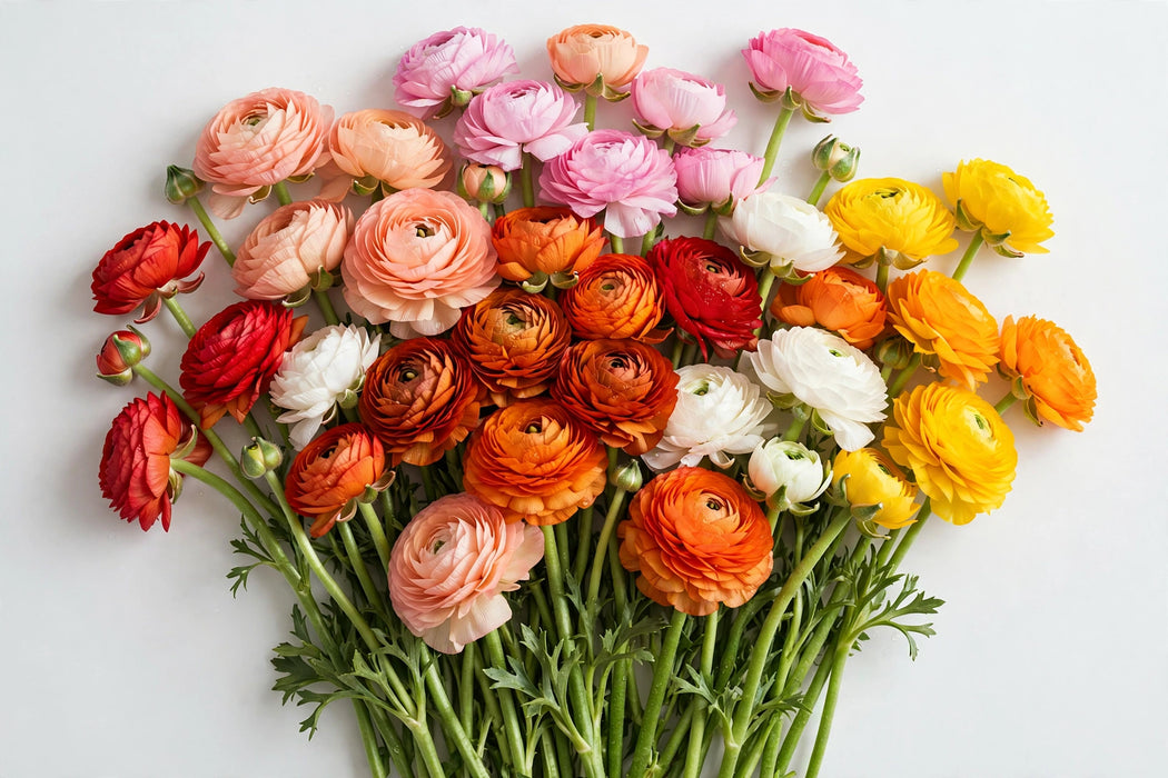 The Ranunculus Collection - Ranunculus Assorted Peach 10 - Dark Orange10 - Light Pink 10 - Orange 20 - Red 10 - White 30 - Yellow 10 30-40CM (100 STEMS / BX)
