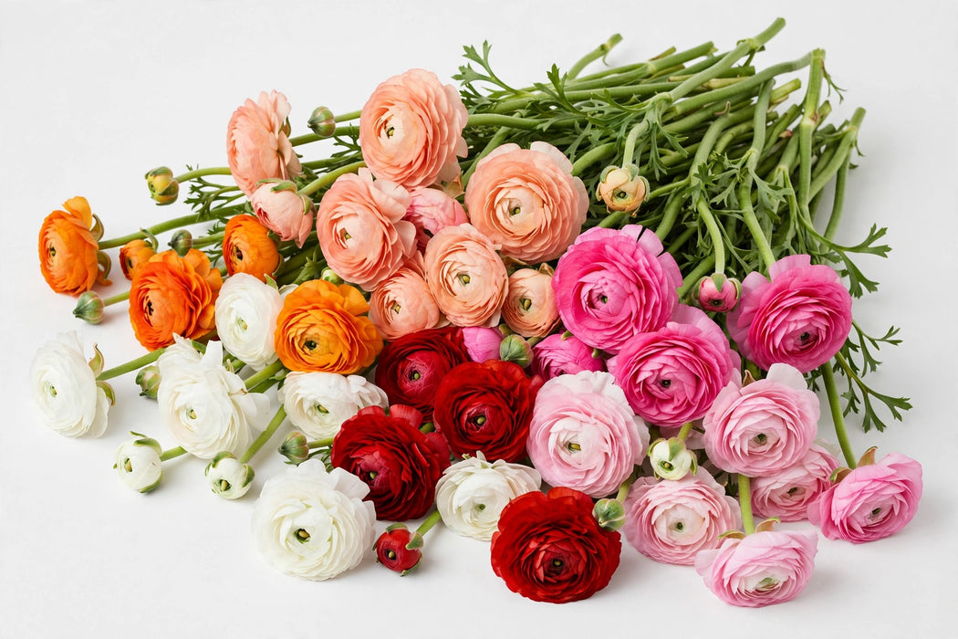 The Ranunculus Collection - Ranunculus Assorted 30 Peach 10 Hot Pink 10 Light Pink 10 Orange 20 Red 20 White 40-50CM (100 STEMS / BX)
