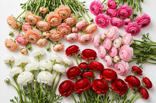 The Ranunculus Collection - Ranunculus Assorted 30 Peach + 10 Hot Pink + 10 Light Pink + 30 Red + 20 White 30-40CM (100 STEMS / BX)