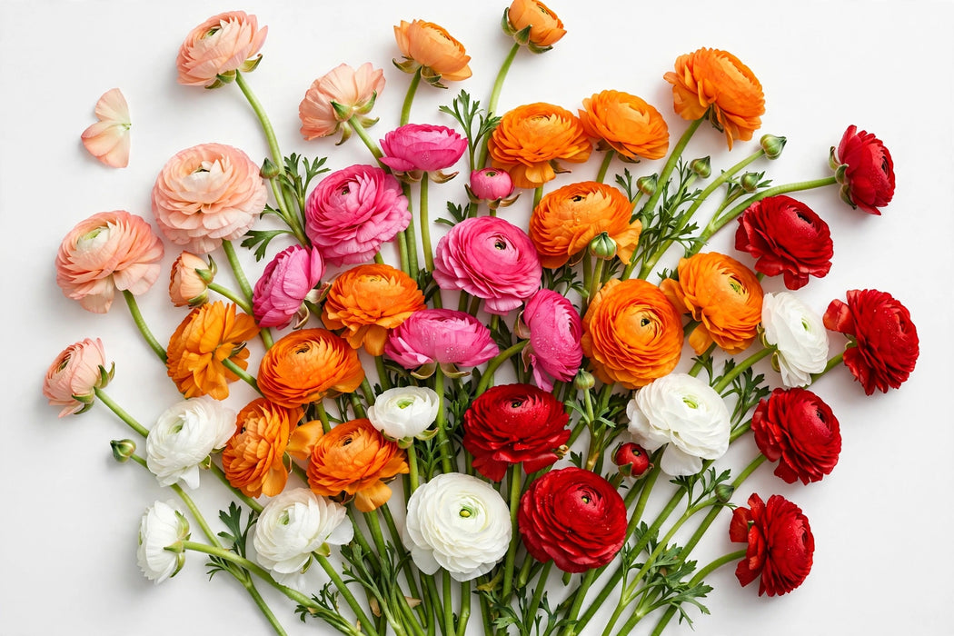 The Ranunculus Collection - Ranunculus Assorted 20 Peach 10 Hot Pink 30 Orange 30 Red 10 White 30-40CM (100 STEMS / BX)