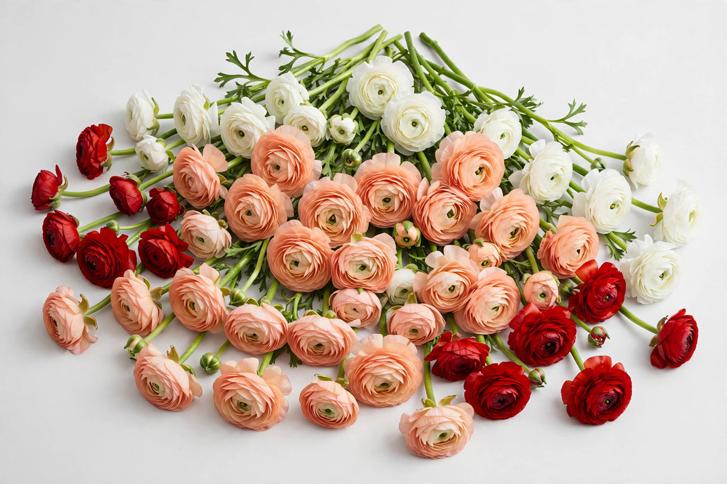 The Ranunculus Collection - Ranunculus Assorted 60 Peach + 20 Red + 20 White 40-50CM (100 STEMS / BX)