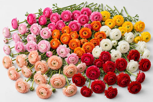 The Ranunculus Collection - Ranunculus Assorted 10 Peach 20 Hot Pink 10 Light Pink 20 Orange 20 Red 10 White 10 Yellow 40-50CM (100 STEMS / BX)