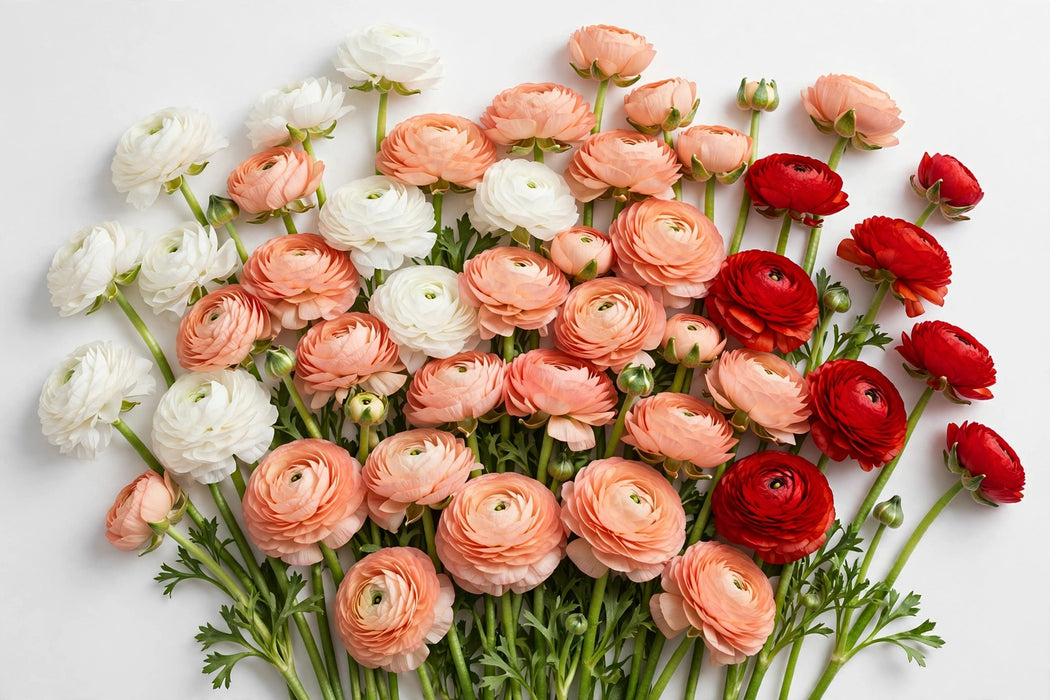 The Ranunculus Collection - Ranunculus Assorted 60 Peach + 10 Red + 30 White 40-50CM (100 STEMS / BX)